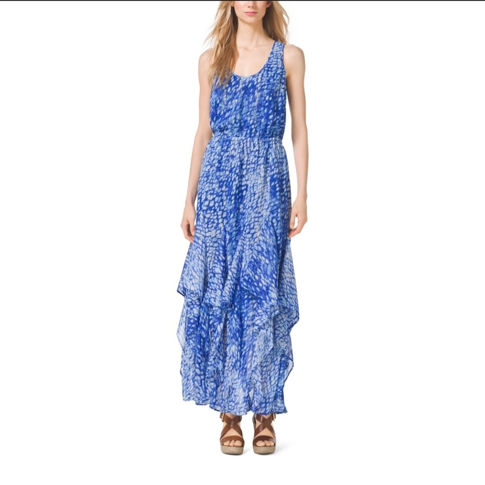 MICHAEL‎ Michael Kors Maxi Dress Ruffle Formal Gown Blue/White Womens Size XS